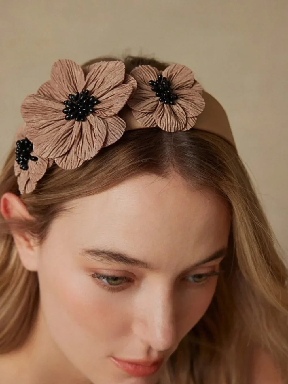 Brown Floral Headband with Black Beaded Centers